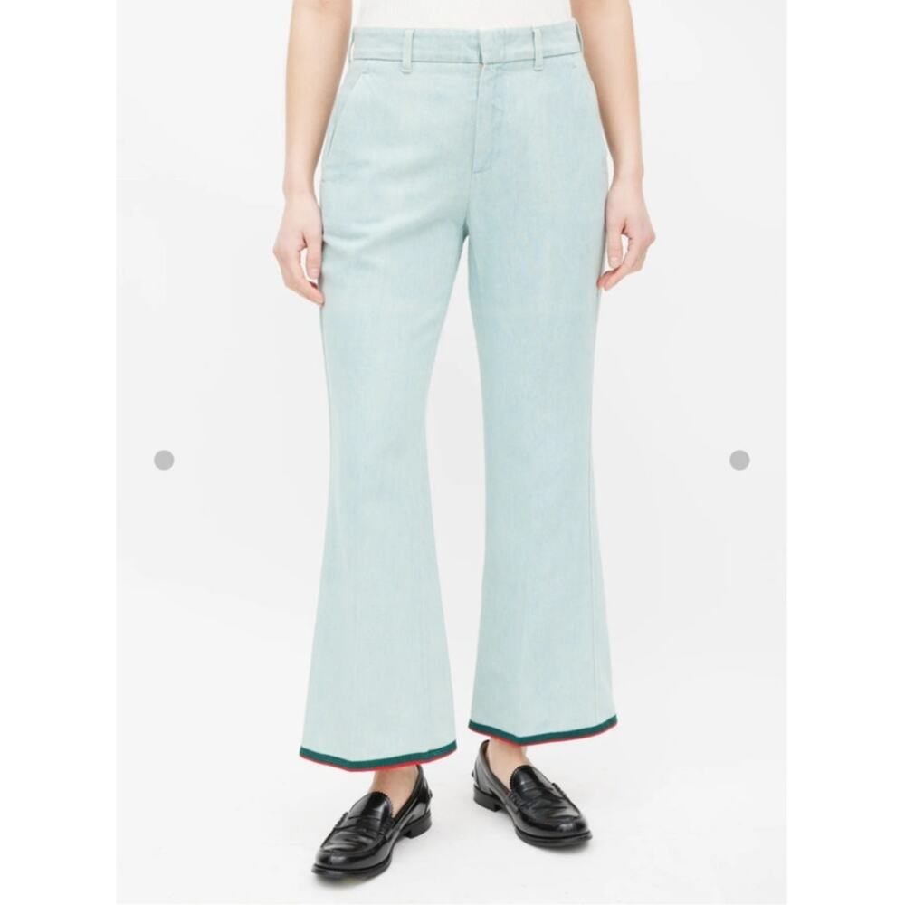 NWT Gucci Blue Multicolor Stripe Embroidered Hem Flare Light Jeans 25
